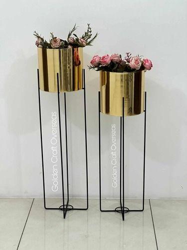 Metal Planter Set Of 2 In Iron With Powder Coated Stands And Gold Plated Pots