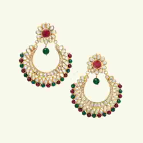 Red And Green Stone Polki Chandbali Earrings Set