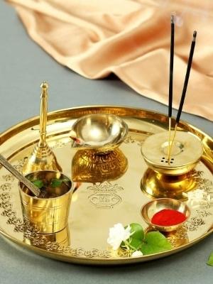 10 Inch Designer Brass Puja Thali