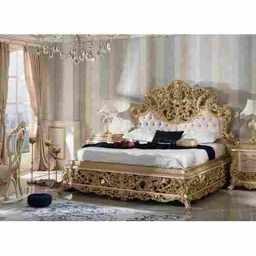 Carved Golden Wooden Double Bed