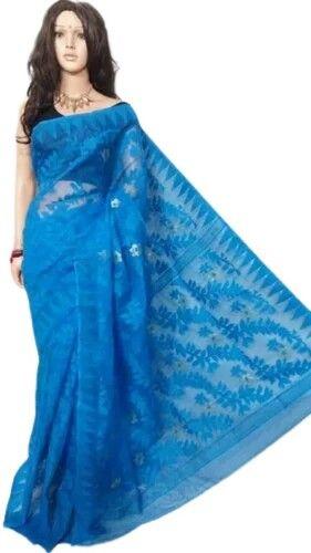 Embroidered blue Cotton Silk Soft Dhakai Jamdani Handloom Saree