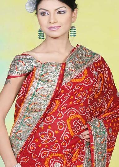 Red Bhandhej Saree With Contrast Patch