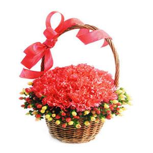 Multi Colored Handle Basket Carnations Decorated With Dries And Ribbon