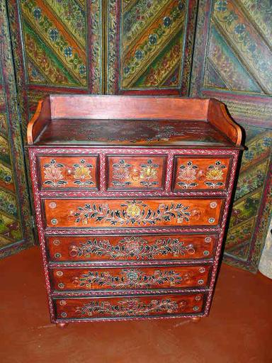 Antique India Drawer Chest Red Painted Floral Cabinet