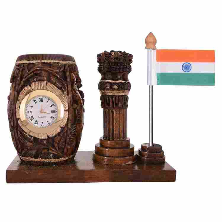 Bark Brown Wooden Ashok Stambh Pen Stand with Indian Flag and Clock