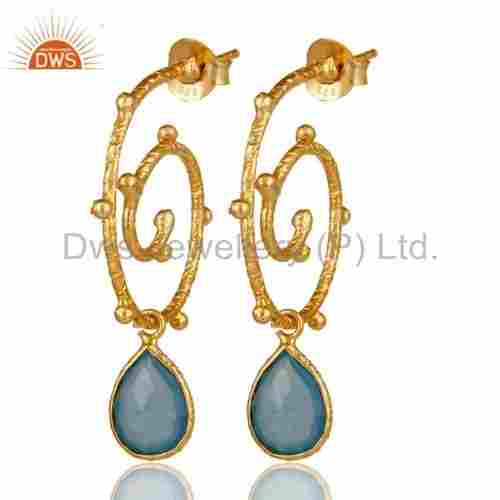 Blue Chalcedony Gemstone Gold Plated Silver Earrings