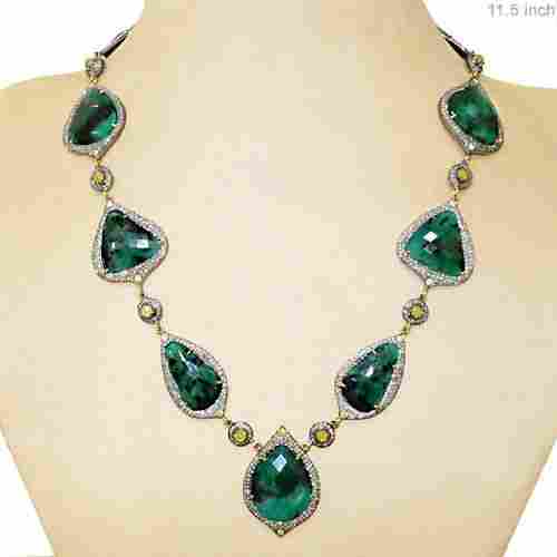 Emerald Gemstone 14k Gold Diamond Necklace