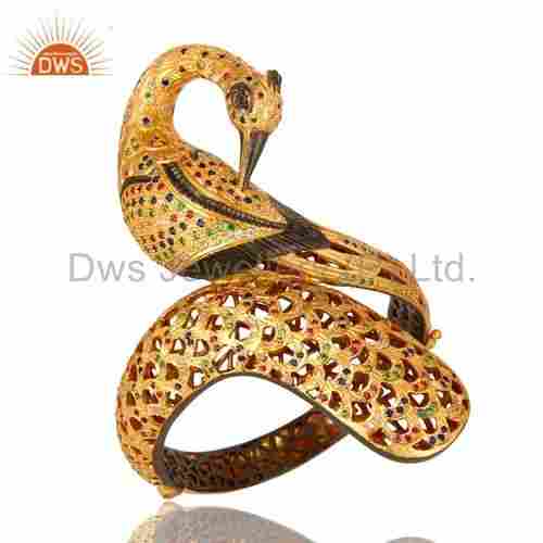 Peacock Design Gold Plated Sterling Silver CZ Openable Bangle