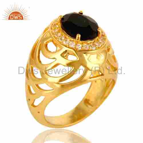 Trendy Gold Plated Silver Topaz And Black Onyx Gemstone Engagement Ring