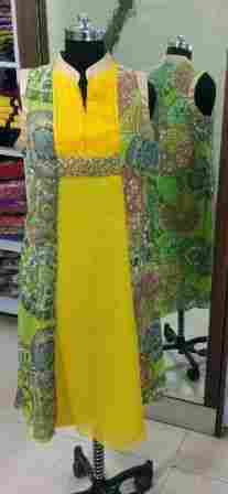 Long Double Coloured Printed Georgette Kurtis With Pleats