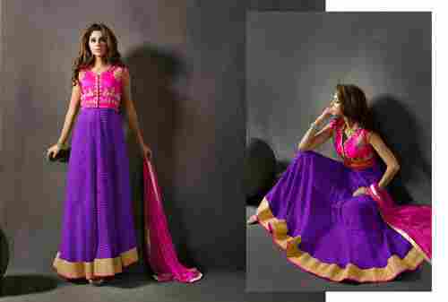 Pink And Blue Embroidered Silk Anarkali Suit