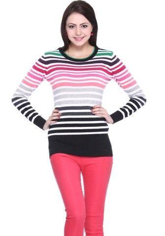 Black Multicolored Stripe Cotton Sweater
