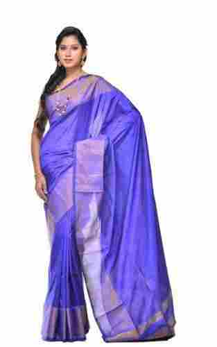 Dark Blue Silk Handloom Plain Saree With 6 Inches Border