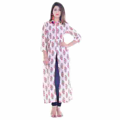 White Cotton Straight Indo Western Long Dress