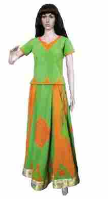 Cotton Orange Green Designer Longs Skirt And Top