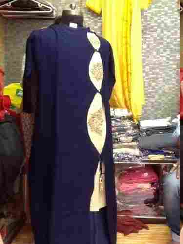Designer Long Straight Gown (Navy Blue Inner Beige With Zardozi Work)