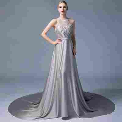 Sheath And Column Grey Lace Chapel Train Prom Dress