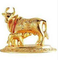 Velvet Golden Kamdhenu Cow And Calf Idol