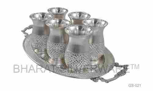 Silver Coated Finish Pure Silver Designer Glass Set with Tray