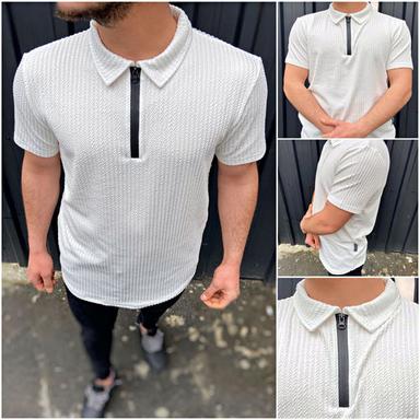 Cotton White Polo Neck Zipper Men'S T-Shirt