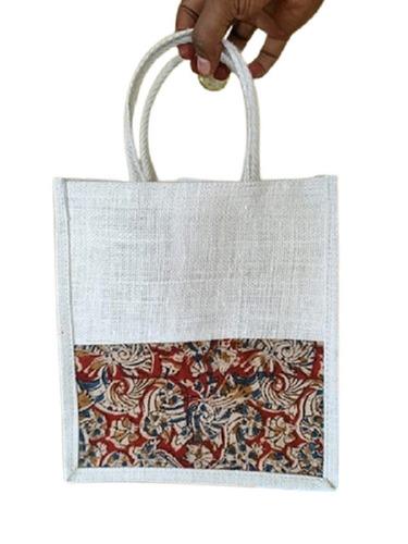 White Kalamkari Work Reusable Jute Shopping Bags