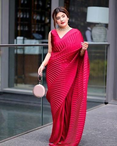 Casual Beautiful Pleated Designer Pink Saree