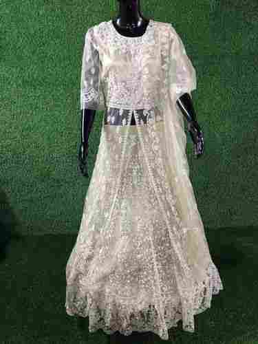 Ladies Round Neck White Embroidered Lehenga Gown