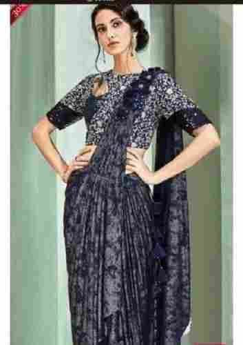 Beautiful Pre-Stitched Embroidered Zari Work Type Draped Partwear Blue Designer Saree