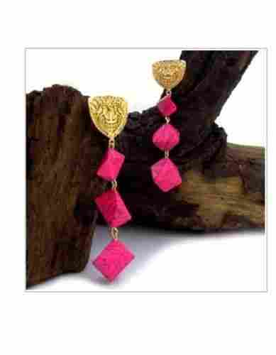 Attractive Design Party Wear Polished Finish Gold Plated Stone with Pink Color Stone Earring