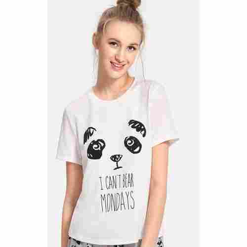 White Casual Wear Half Sleeve Cotton Ladies Panda Printed T-Shirts