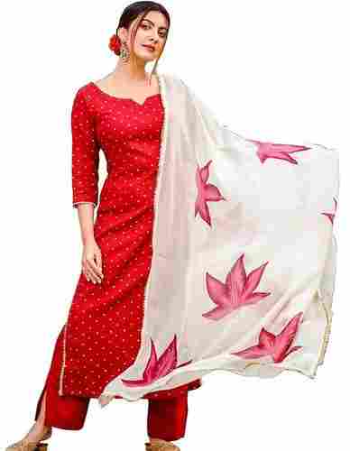 3/4 Sleeves Trendy Style Red Color Party Wear Ladies Suit With Dupatta