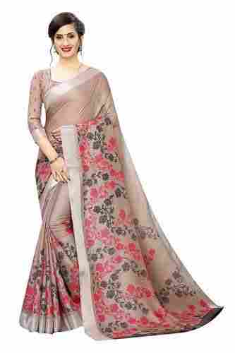 Women's Pure Cotton Handloom Linen Soft Jute Saree With Printed Blouse Piece