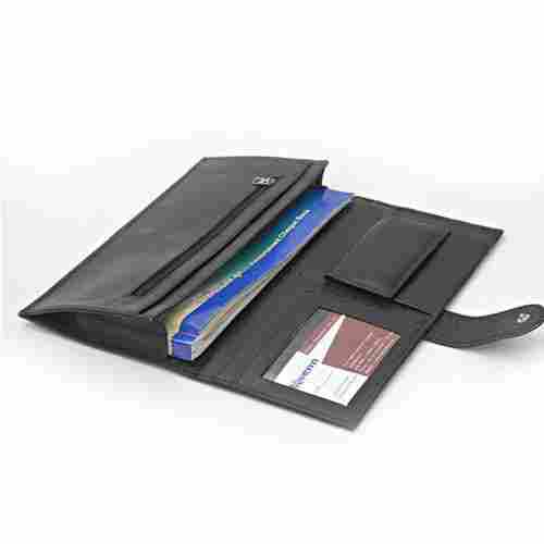 Very Spacious And Rectangular Black And Plain Leather Cheque Book Holder