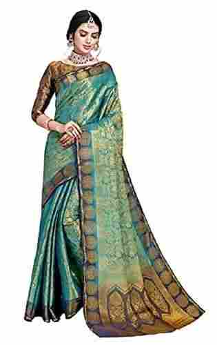 Attractive Green Color Printed Cotton Pattu Silk Ladies Saree For Party Wear 
