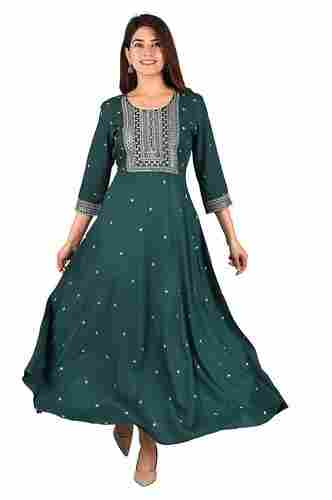Casual Short Sleeve Cotton Embroidered Green Anarkali Kurti For Women And Girls