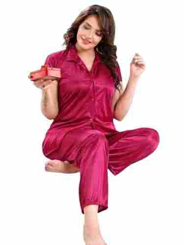 Ladies Fancy Nighty In Red Color And Cotton Silk Fabric, Easy Washable
