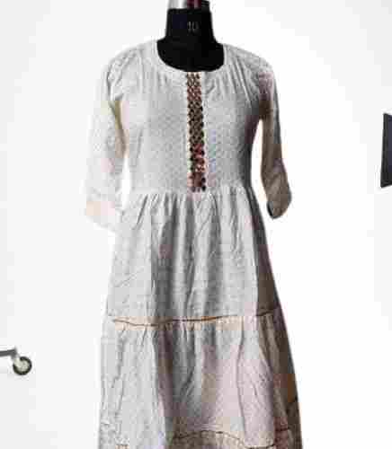 Stylish Round Neck Anarkali Kurti White Printed 3/4th Sleeves Casual Wear For Ladies