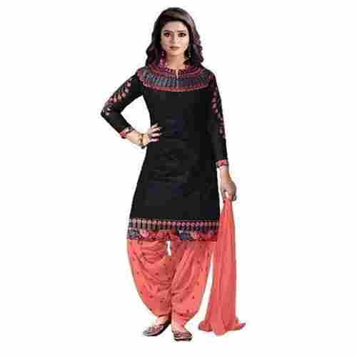 Embroidered Full Sleeves Breathable Cotton Silk Fabric Black Orange Salwar Suit 