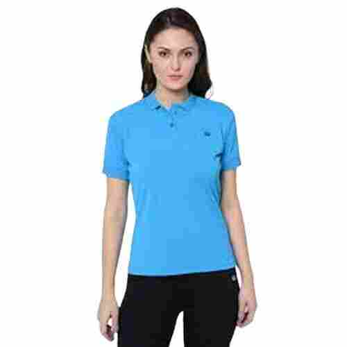 Plain Polo Neck Short Sleeves Blue Nylon Fabric Featured Collar T Shirt For Women