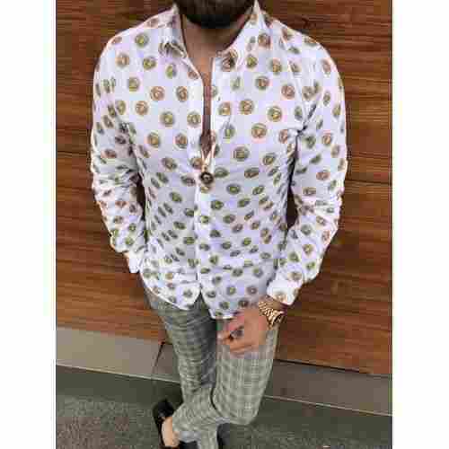Printed White Collar Neck Full Sleeve Simple And Stylish Look Party Wear Cotton Shirt For Men