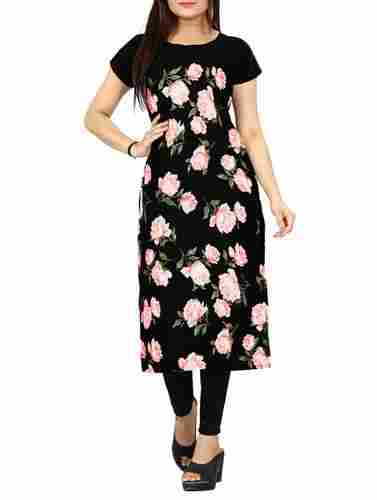 100% Pure Cotton Black Colour Printed Kurti For Women With Short Sleeves And Round Neck