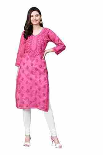 Ladies Highly Absorbent V-Neck 3/4th Sleeves Embroidered Straight Cotton Kurti For Casual Wear