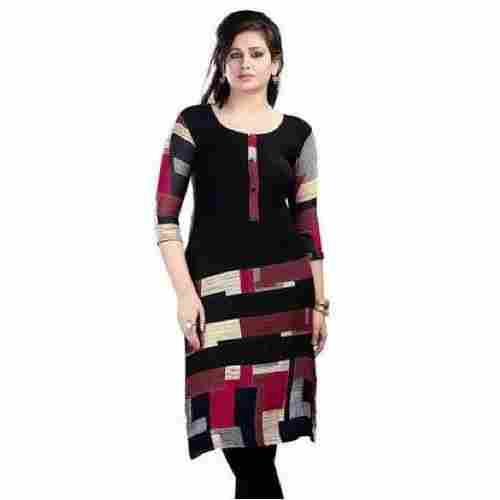 Womens Fancy Round Neck 3/4th Sleeves Printed Crepe Straight Kurti For Casual Wear