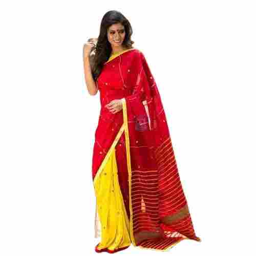 Ladies Red And Yellow Shade Party Wear Cotton Silk Saree With Blouse Piece