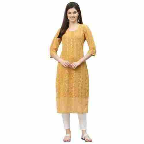 Straight Pateern Hand Embroidery Worked Yellow Georgette Lucknowi Kurti