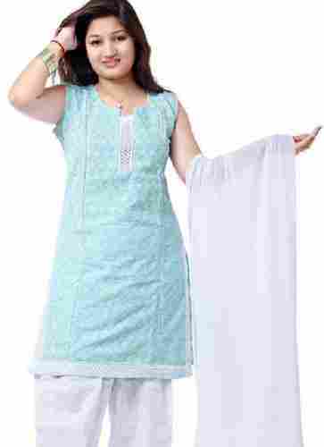 Skin Friendly And Round Neck Sleeveless Cotton Silk Salwar Suit For Ladies 