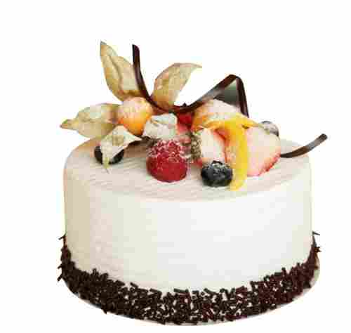 Sweet And Delicious Eggless Round Cream And Fruits Topping Vanilla Cake