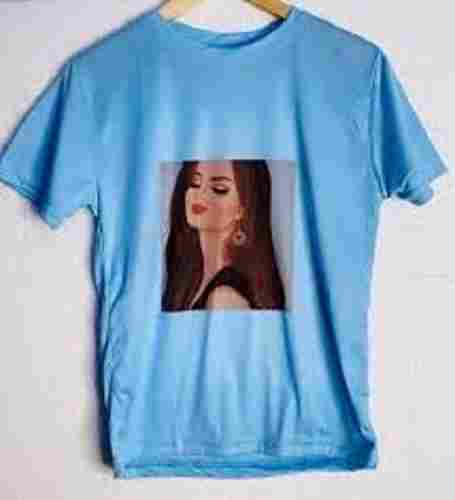Blue Round Neck Half Sleeve Eco Friendly New Model Design Printed Tshirts For Ladies