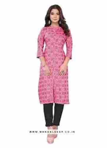 Womens Comfortable And Breathable Skin Friendly Round Neck 3/4 Sleeve Pure Cotton Pink Kurti 