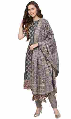 Easily Washable And Quick Dry Short Sleeves Printed Banarasi Cotton Suit For Women 